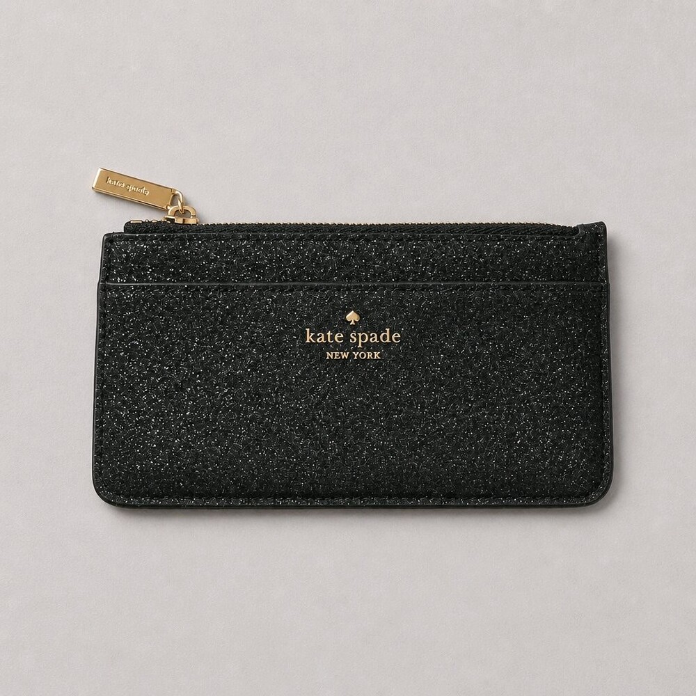 kate spade black glitter card holder with gold hardware